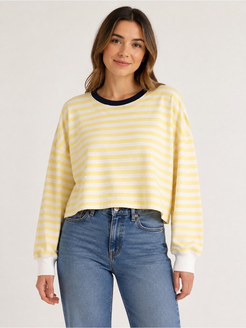 Yellow Stripe Long Sleeve Crewneck Oak & Trellis XL Yellow White Striped Cropped